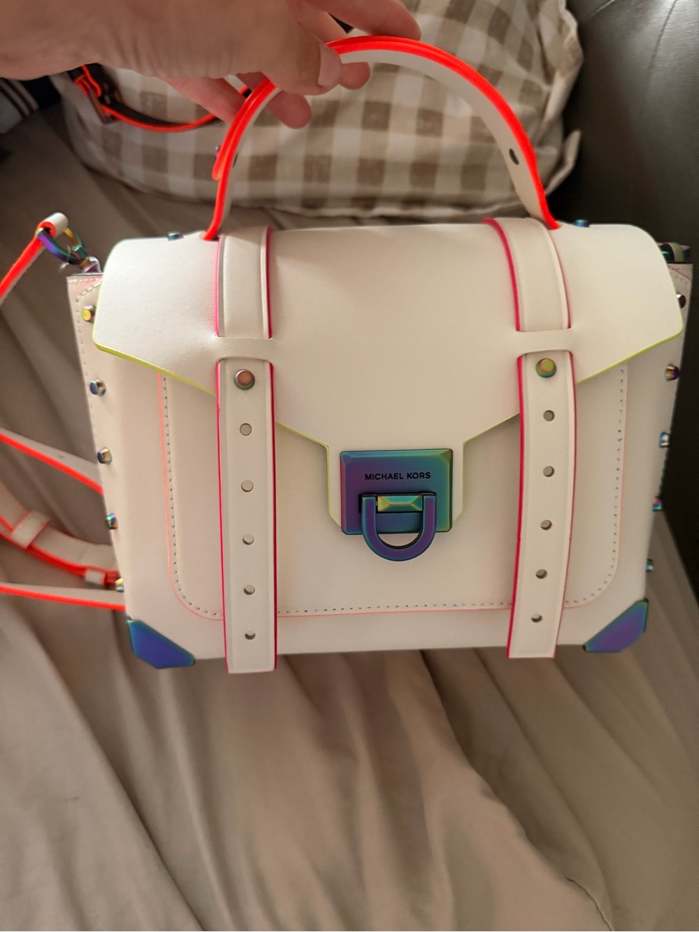 Michael Kors White Satchel with Neon Pink and Orange Trim